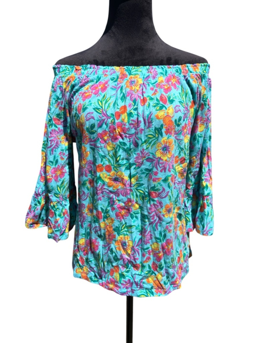 Stella Parker Teal Floral Off the Shoulder Cotton Blouse Ruffle Sleeve Large - Picture 2 of 9